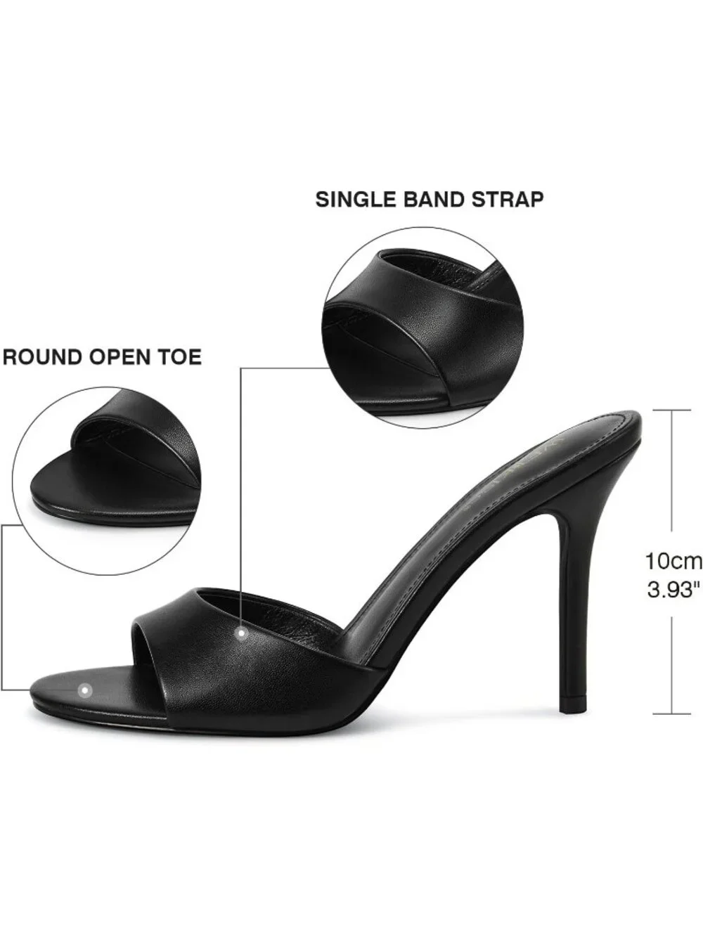 Women's Black Faux Leather Single Strap Open Toe Round Toe High Heel Sandals